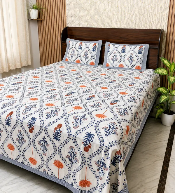 White_Botanical_Block_Print_Double_Bedsheet_Set