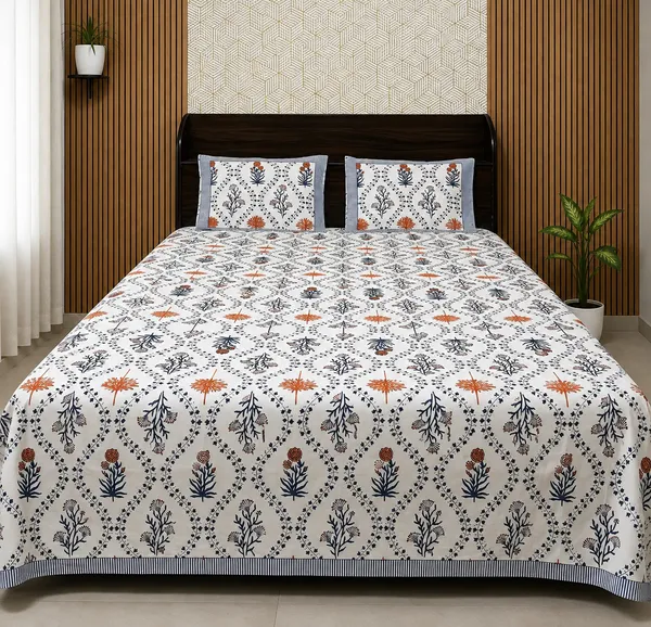 White_Botanical_Block_Print_Double_Bedsheet_Set