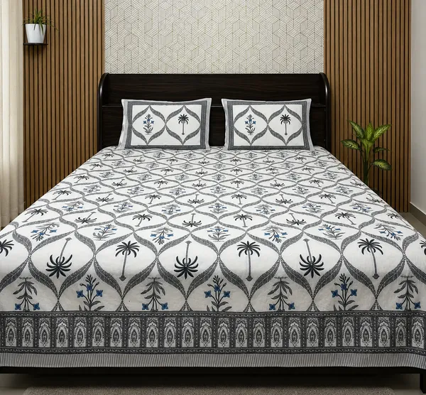 White_Botanical_Block_Print_Double_Bedsheet_Set