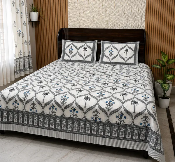 White_Botanical_Block_Print_Double_Bedsheet_Set