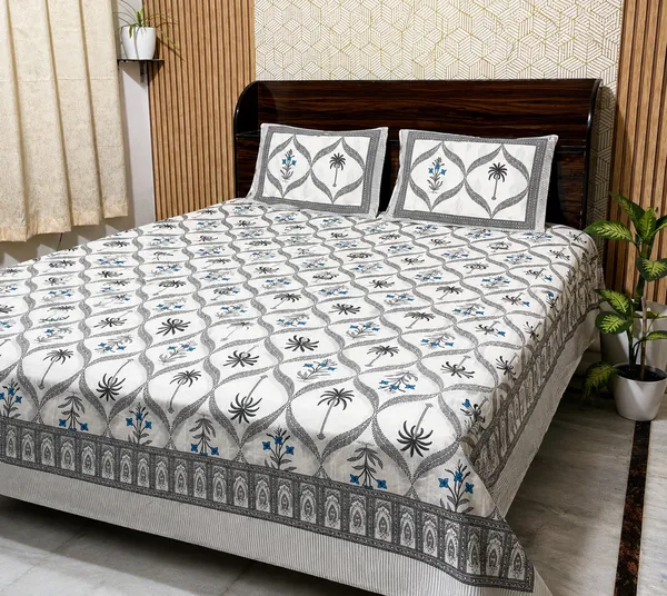 White_Botanical_Block_Print_Double_Bedsheet_Set