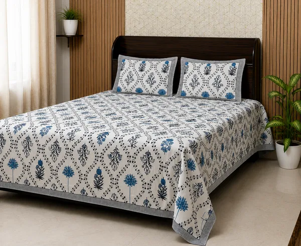 White_Botanical_Block_Print_Double_Bedsheet_Set