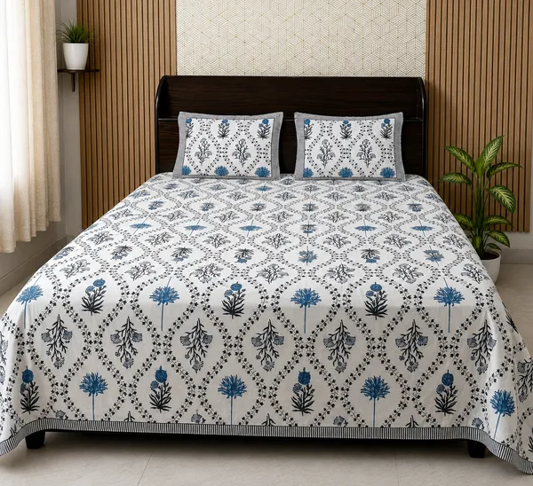White_Botanical_Block_Print_Double_Bedsheet_Set