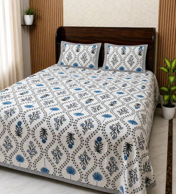 White_Botanical_Block_Print_Double_Bedsheet_Set