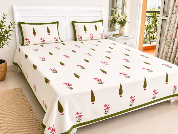 Cypress_Tree_&_Floral_Design_Cotton_Bedsheet_With_Pillow_Cover