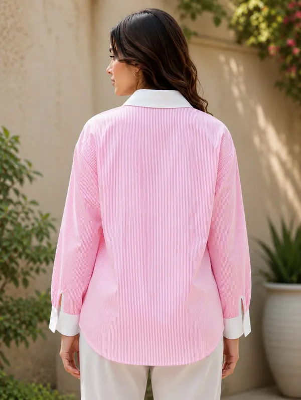 Pink_Cotton_Striped_Tie-Waist_Floral_Applique_Shirt_For_Women