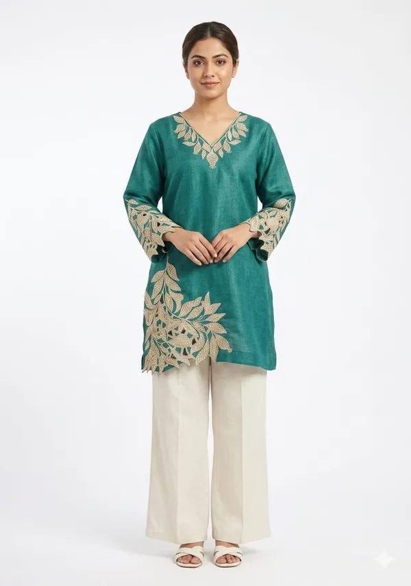 Teal_Cotton_Straight_Cut-Work_Embroidered_Tunic_Set_For_Women