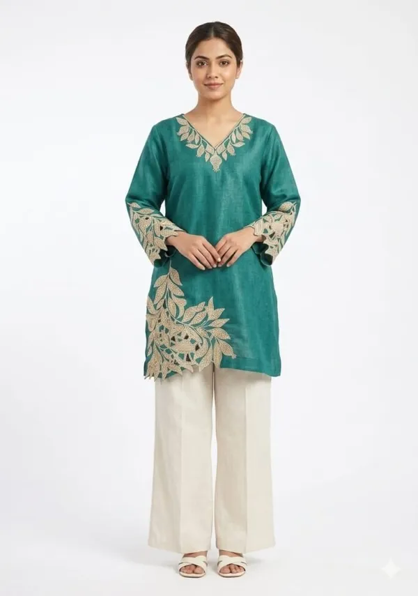 Teal_Cotton_Straight_Cut-Work_Embroidered_Tunic_Set_For_Women