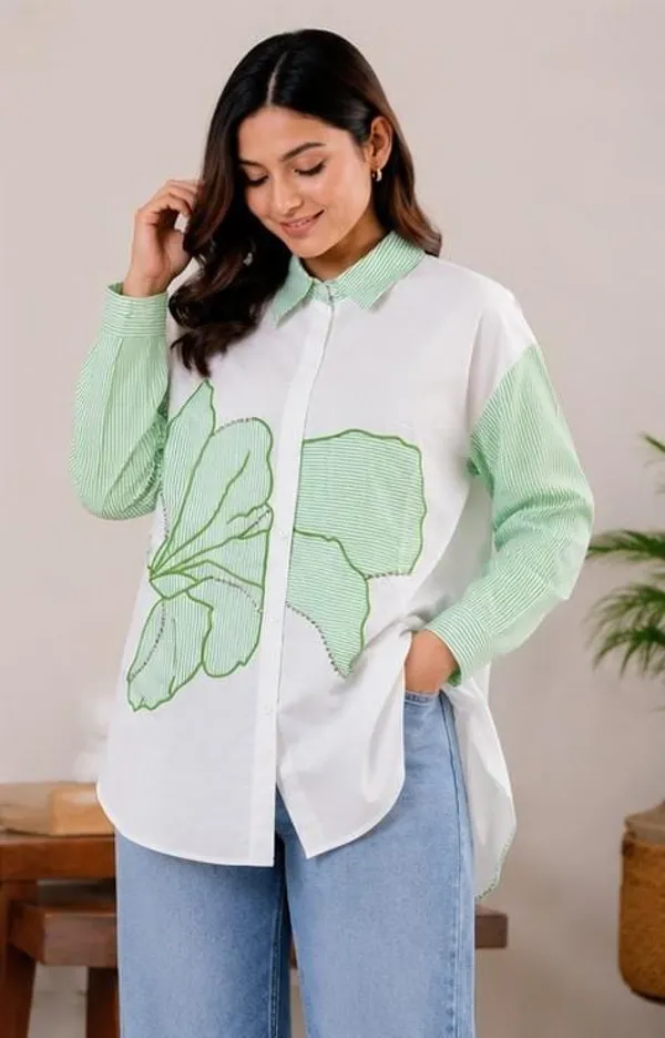 White_Green_Cotton_Relaxed_Fit_Striped_Embroidered_Shirt_For_Women