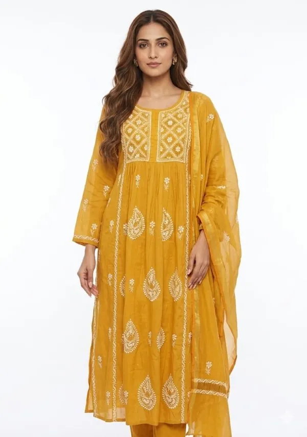 Mustard_Chanderi_Chikankari_Gathered_Anarkali_Suit_Set_For_Women