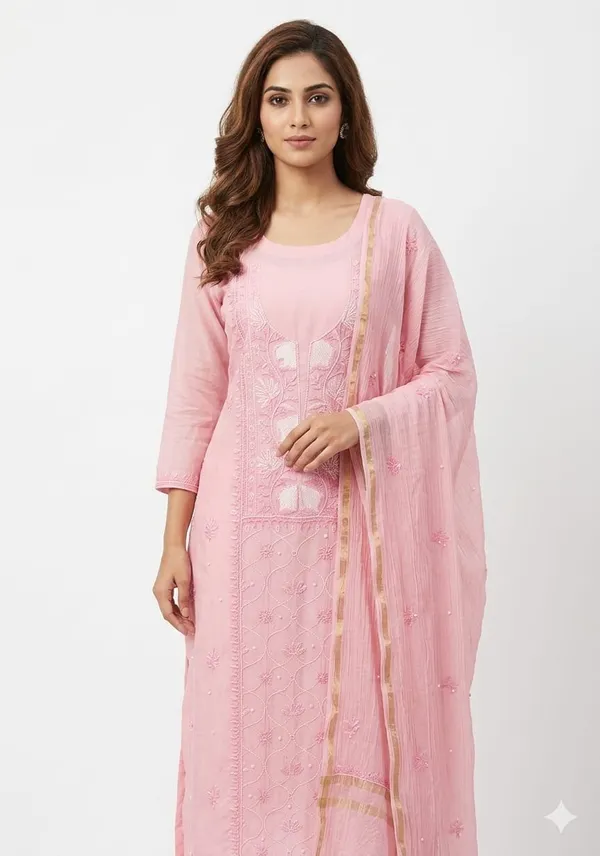 Powder_Pink_Mul_Mul_Chikankari_Straight_Suit_Set_For_Women