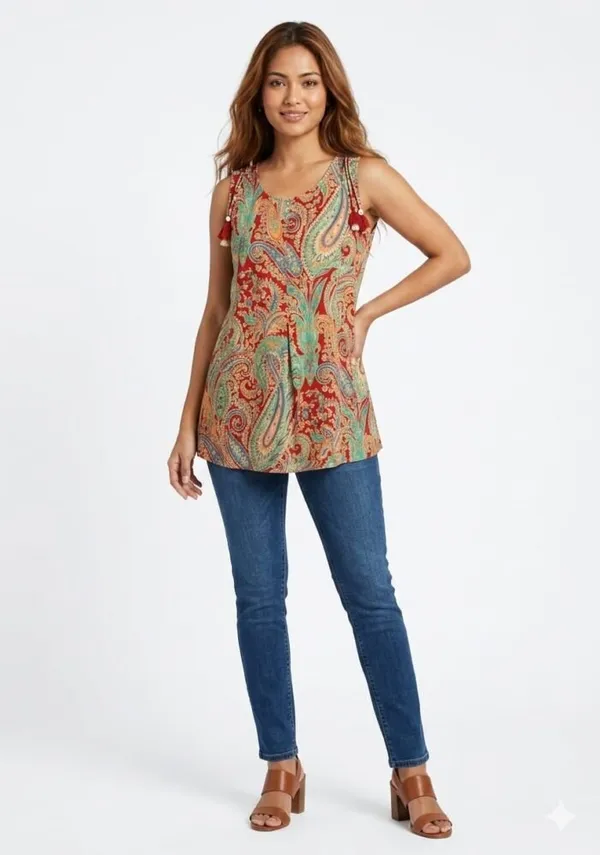 Terracotta_Cotton_Sleeveless_Paisley_Print_Tassel_Kurti_For_Women