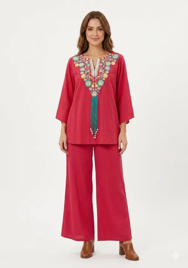 Magenta_Crepe_Boho_Medallion_Embroidered_Tassel_Co-Ord_Set_For_Women