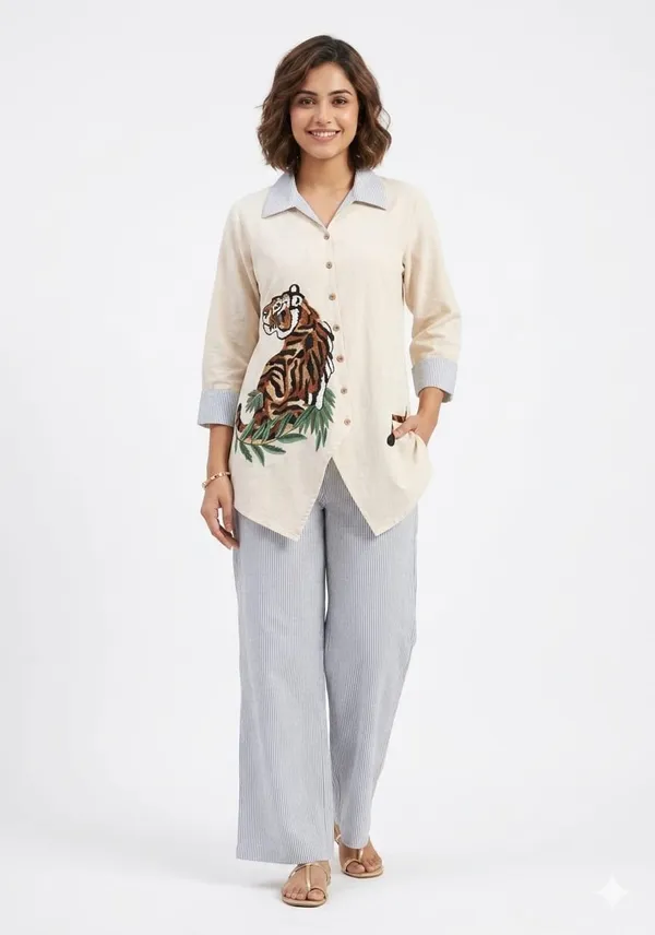 Cream_Linen_Tiger_Embroidered_Asymmetric_Co-Ord_Set_For_Women