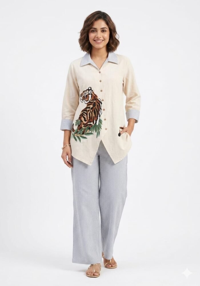 Cream_Linen_Tiger_Embroidered_Asymmetric_Co-Ord_Set_For_Women