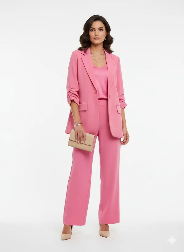 Pink_Crepe_Single-Breasted_Ruched_Sleeve_Blazer_Set_For_Women