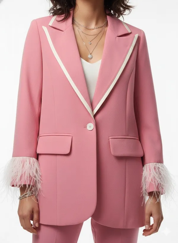 Pink_Crepe_Single-Breasted_Ruched_Sleeve_Blazer_Set_For_Women