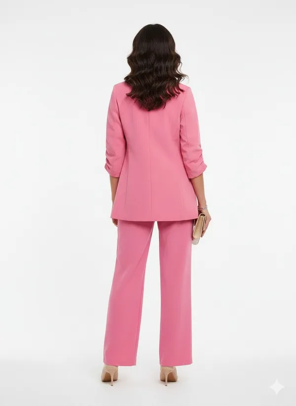 Pink_Crepe_Single-Breasted_Ruched_Sleeve_Blazer_Set_For_Women