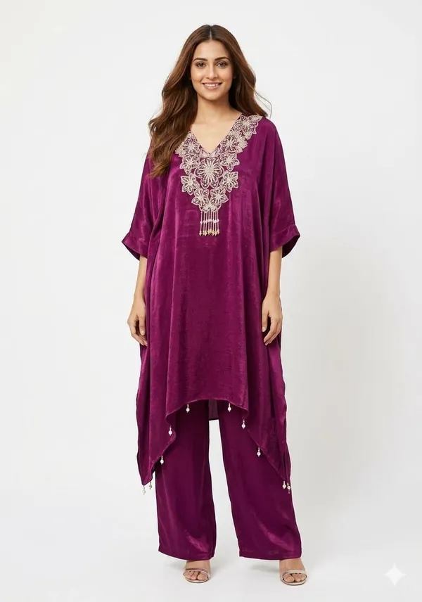 Wine_Crepe_Asymmetric_Kaftan_Set_For_Women