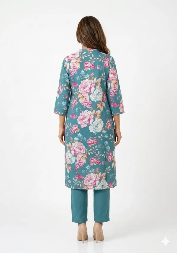Teal_Cotton_Straight_Watercolor_Botanical_Print_Kurta_Set_For_Women