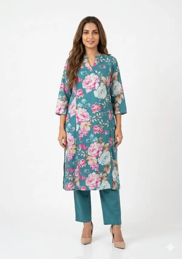 Teal_Cotton_Straight_Watercolor_Botanical_Print_Kurta_Set_For_Women
