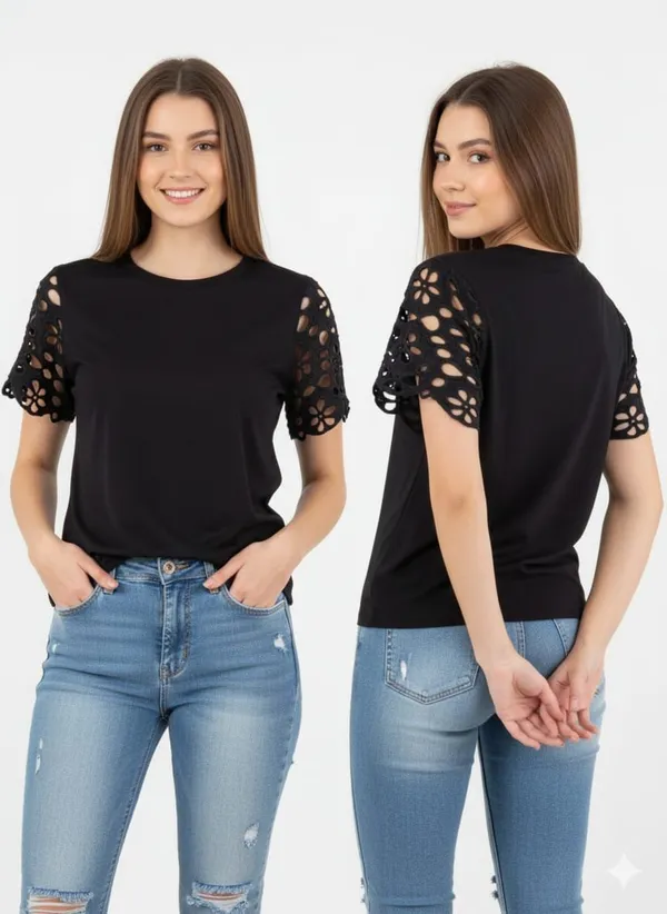 Black_Cotton_Eyelet_Lace_Sleeve_Tee_For_Women