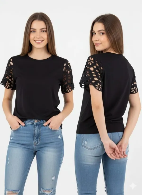 Black_Cotton_Eyelet_Lace_Sleeve_Tee_For_Women