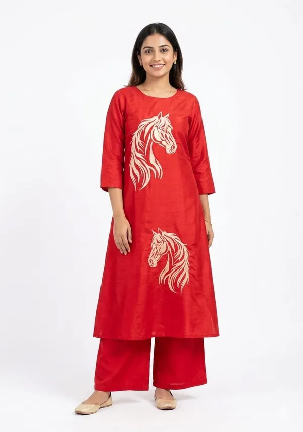 Red_Cotton_Horse_Motif_Embroidered_Wide_Leg_Co-Ord_Set_For_Women