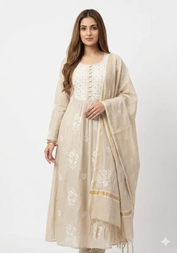 Beige_Cotton_Chikankari_Gathered_Anarkali_Suit_Set_For_Women