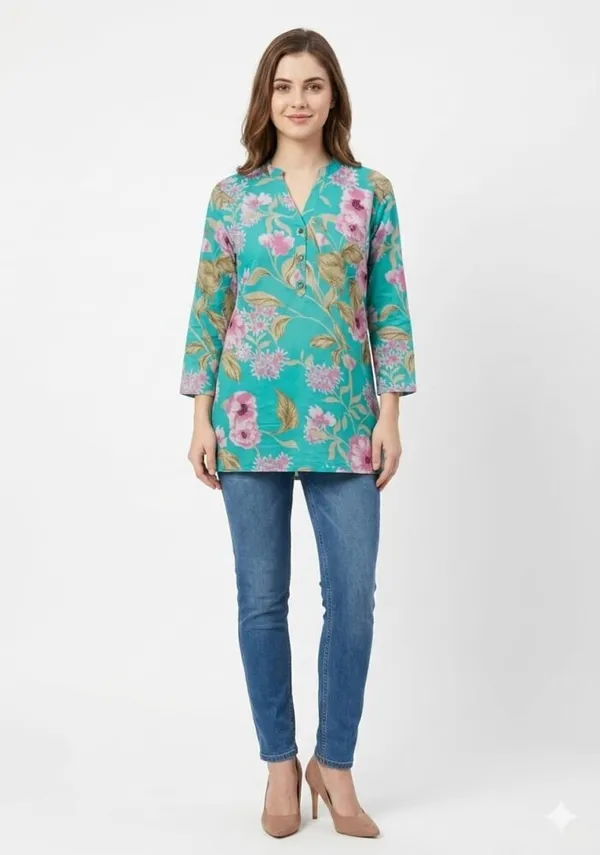Sky_Blue_Cotton_Floral_Print_Short_Kurta_For_Women