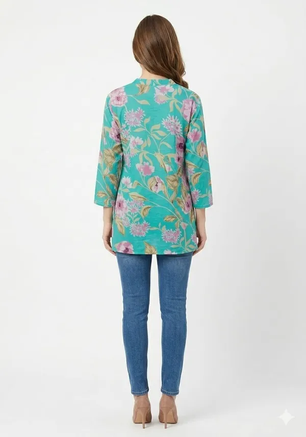 Sky_Blue_Cotton_Floral_Print_Short_Kurta_For_Women