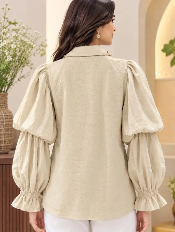 Beige_Beaded_Collar_Puff-Sleeve_Shirt