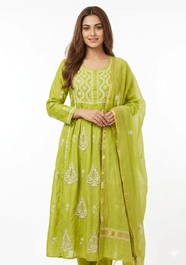 Lime_Green_Chanderi_Gathered_Anarkali_Suit_Set_For_Women