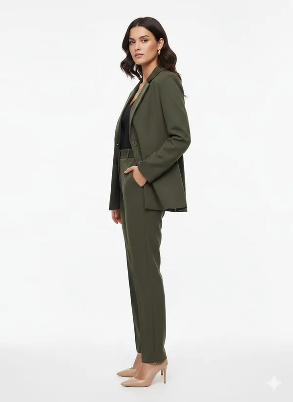 Olive_Green_Cotton_Tailored_Single-Breasted_Blazer_Set_For_Women