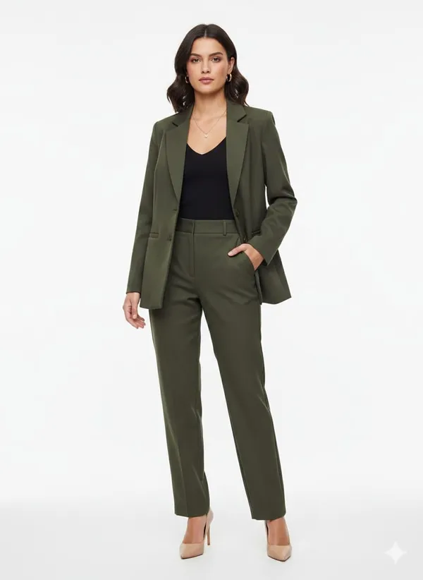 Olive_Green_Cotton_Tailored_Single-Breasted_Blazer_Set_For_Women