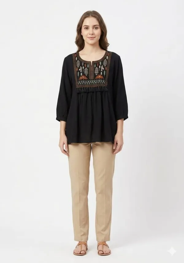 Black_Cotton_Boho_Embroidered_Tassel_Kurta_For_Women