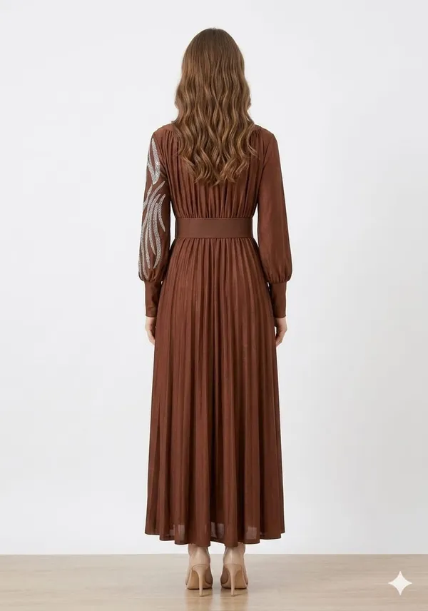 Brown_Cotton_Crystal_Embellished_Belted_Maxi_Gown_For_Women