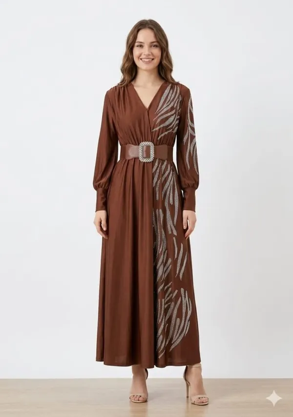 Brown_Cotton_Crystal_Embellished_Belted_Maxi_Gown_For_Women