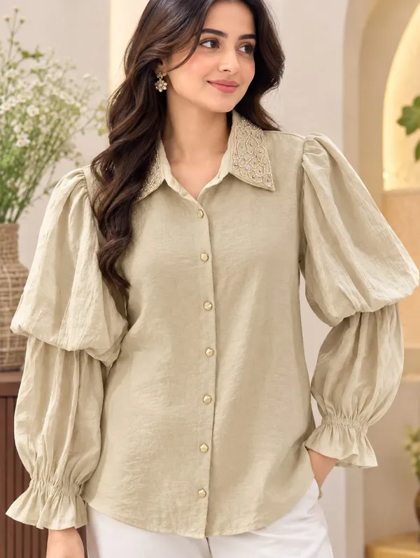 Beige_Beaded_Collar_Puff-Sleeve_Shirt