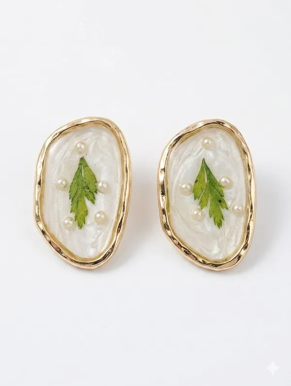 White_Resin_Botanical_Pressed_Fern_Pearl_Stud_Earrings_For_Unisex
