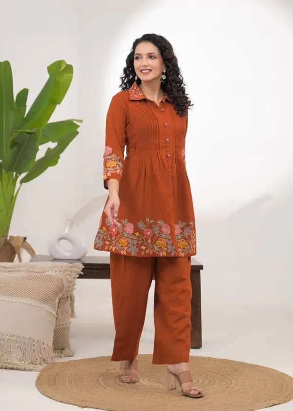 Rust_Cotton_Floral_Embroidered_Pintuck_Co-Ord_Set_For_Women