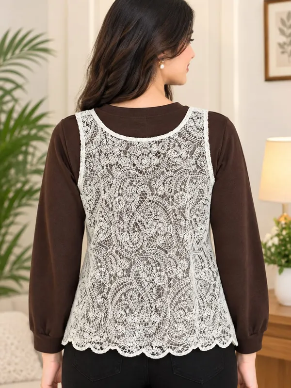 Brown_&_White_Layered_Lace_Overlay_Sweatshirt_Top