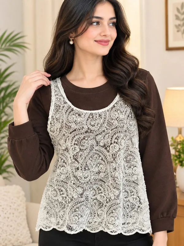 Brown_&_White_Layered_Lace_Overlay_Sweatshirt_Top