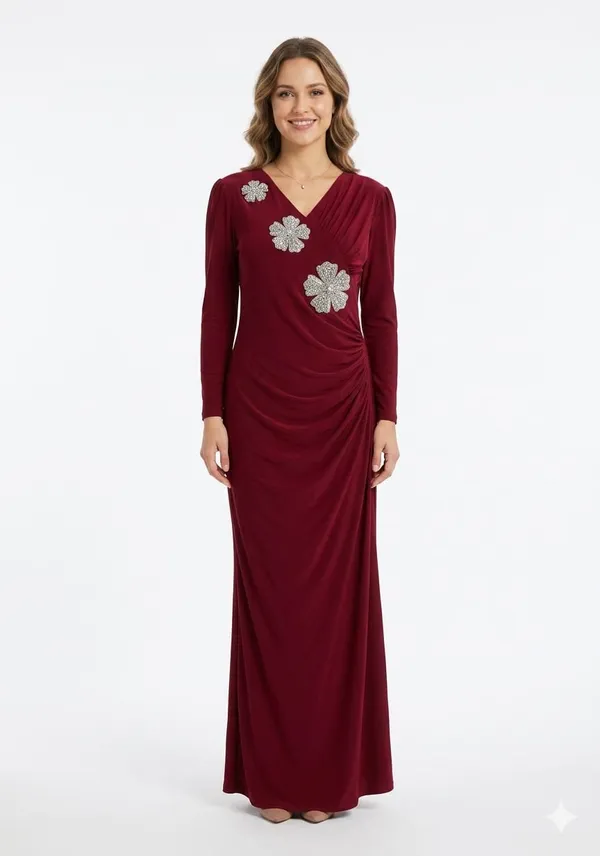 Burgundy_Crystal_Floral_Applique_Ruched_Evening_Gown