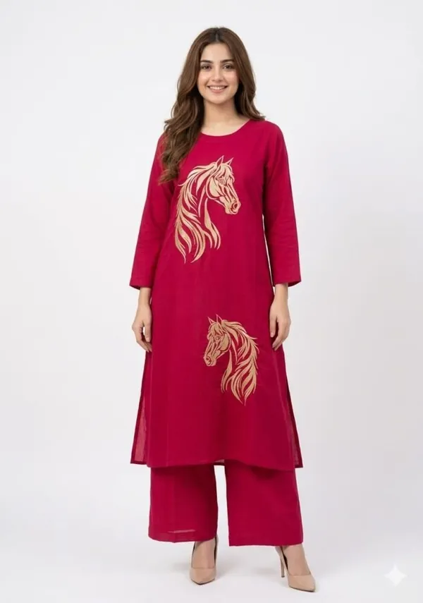 Dark_Pink_Silk_Straight_Horse_Embroidered_Kurta_For_Women