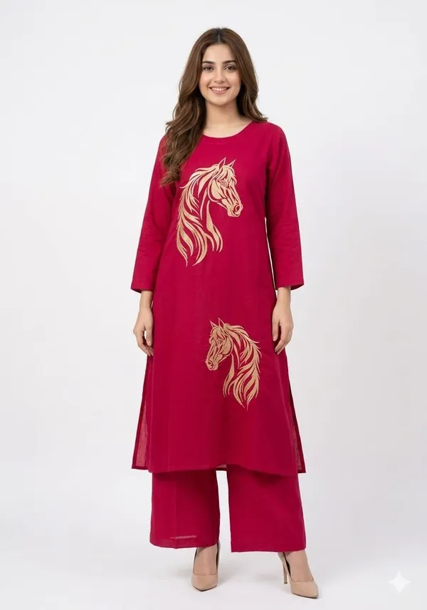 Dark_Pink_Silk_Straight_Horse_Embroidered_Kurta_For_Women
