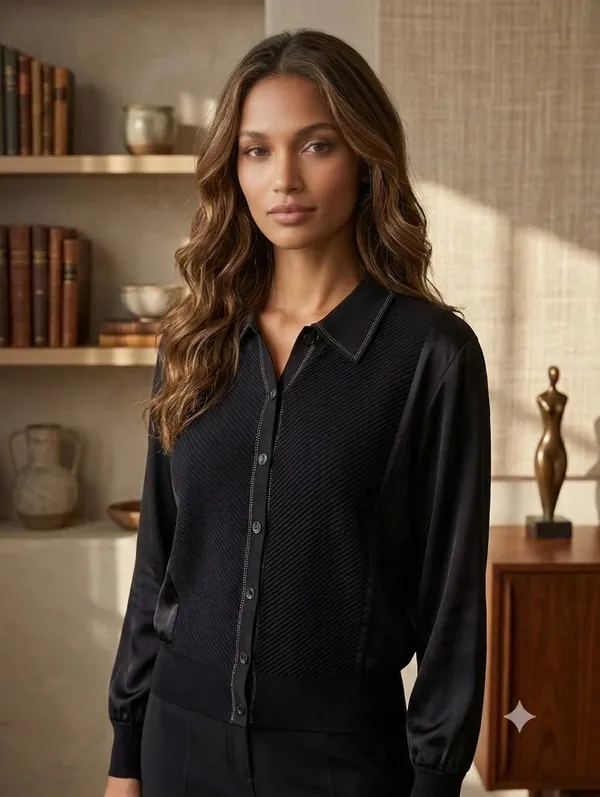 Contrast_Texture_Button-Down_Shirt_/_Hybrid_Knit_&_Satin_Blouse