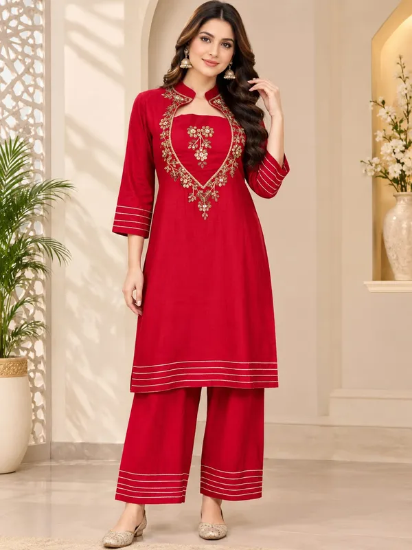 Crimson_Red_Mandari-Collar_Embroidered_Kurta_Set
