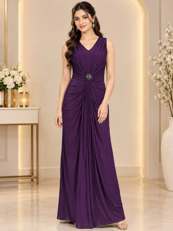 Crystal-Brooch_Draped_Maxi_Dress,_Sleeveless_Plum_Shimmer_Party_Dress