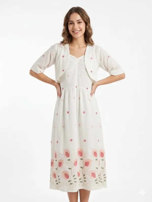 White_Cotton_Floral_Embroidered_Bolero_Midi_Set_For_Women